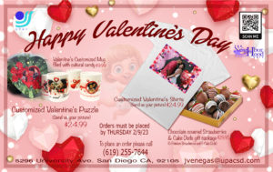 Valentine's Day special. Selling custom mugs, puzzles, t-shirts, and chocolate covered strawberries for your loved ones!